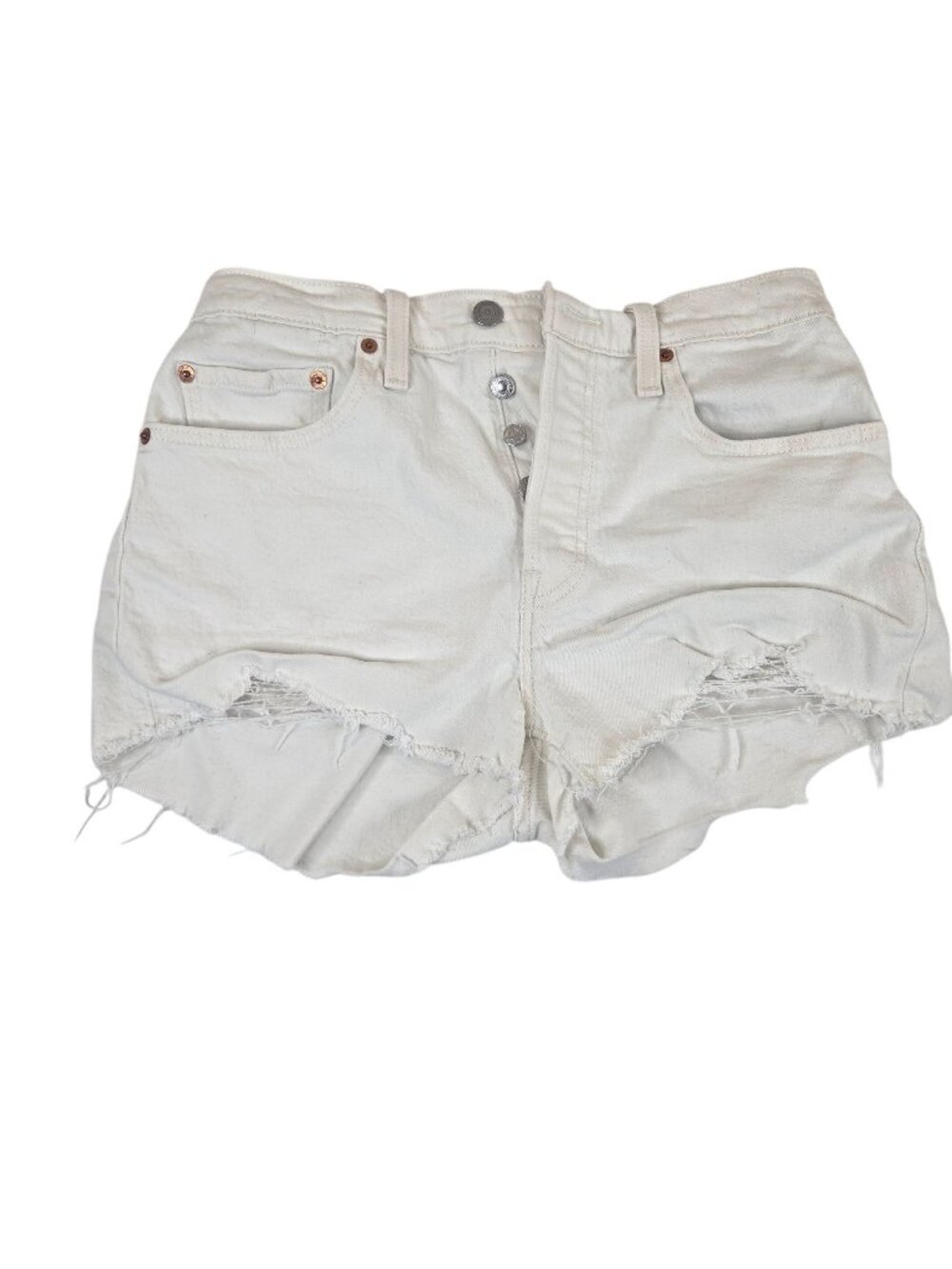 Levis White Distressed High Rise Denim Shorts 27 Raw Hem Button Fly